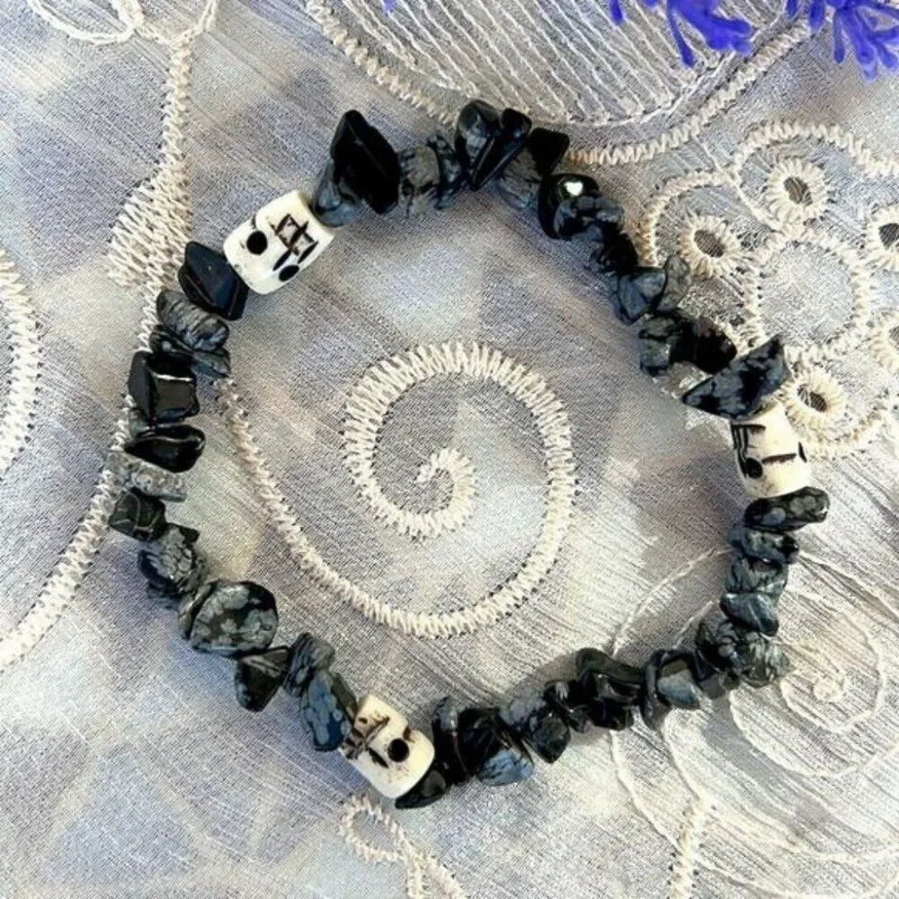 Skulls & Tumbled Snowflake Obsidian Stretch Bracelet